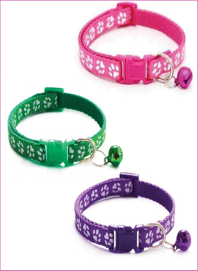 Litvibes Cat Collars Set of 3 with Bell,Kitten & Small Dog Soft Adjustable Collar Safe,Solid & Protection Breakaway for Cats & Puppies,Cute Kitty Neckband with Paw Print-(Purple,Dark Pink,Dark Green) - Image 1